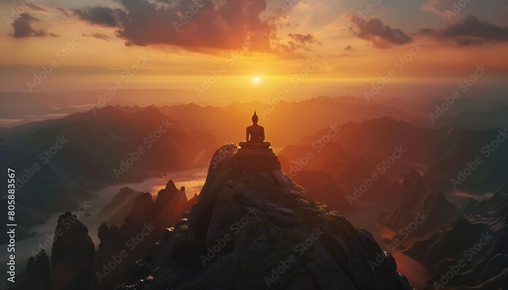 Landscape recreation of a statue of Buddha in a high rocky mount at sunset	
