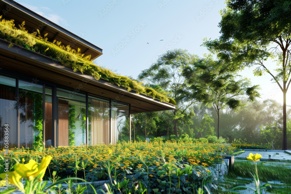 Eco-friendly modern architecture with green rooftop in a lush garden under a clear sky.