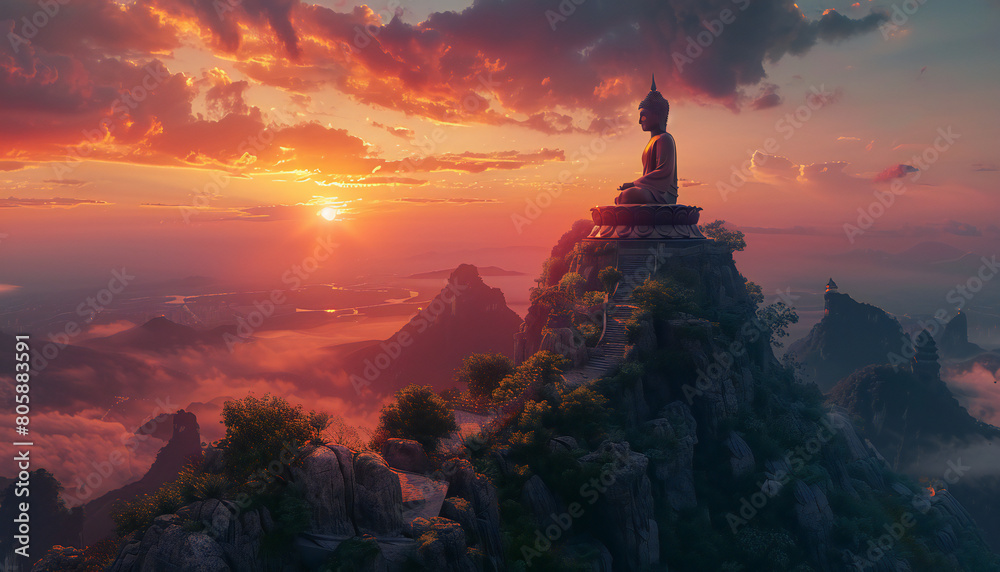 Recreation of a statue of Buddha in a high rocky mountain at sunset