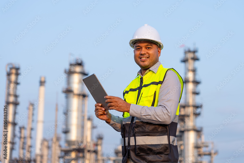 Handsome Asian man petrochemical engineer working with digital tablet and smiling to camera with petroleum oil refinery in industrial estate background. Engineers at industry manufacturing. Handsome Asian man petrochemical engineer working with digital tablet and smiling to camera with petroleum oil refinery in industrial estate background. Engineers at industry manufacturing.