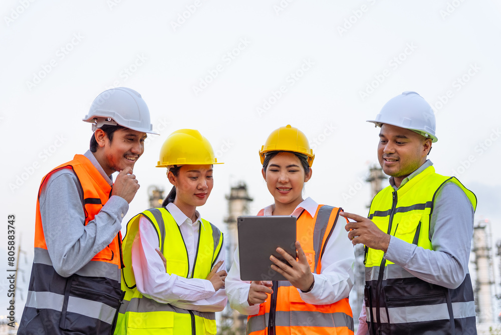 Happy diverse group of petrochemical engineers working together with digital tablet with petroleum oil refinery in industrial estate background. Engineers at power plant energy industry manufacturing.