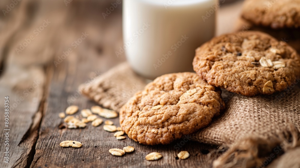 Oatmeal Cookies and Milk on Rustic Wooden Table Oatmeal Cookies and Milk on Rustic Wooden Table