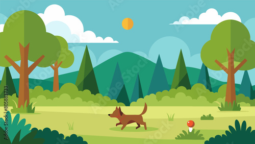A virtual field filled with tall grass and trees giving your dog the perfect opportunity to run and play without ever leaving the comfort of your. Vector illustration