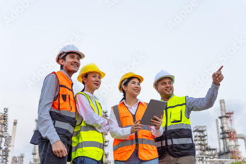 Happy diverse group of petrochemical engineers working together with petroleum oil refinery in industrial estate background. Engineers at power plant energy industry manufacturing.