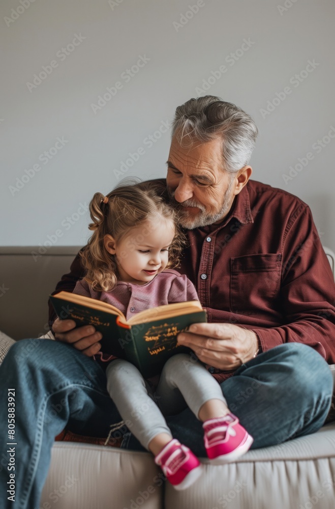 Grandfather Reading a Book to His Granddaughter