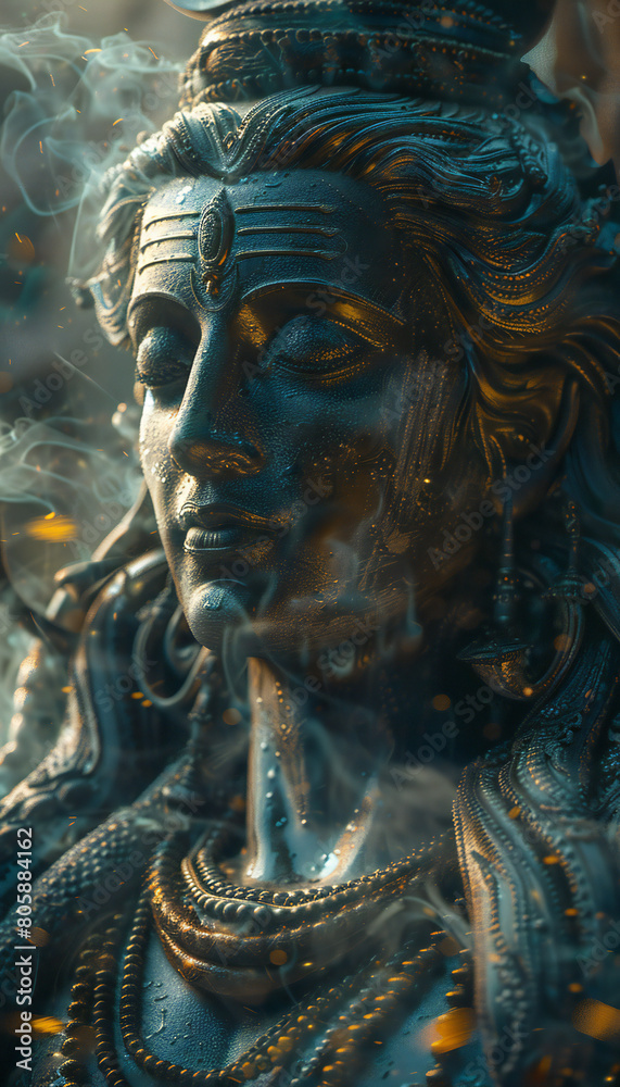 Vertical recreation of Shiva deity hinduist with spiritual atmosphere around