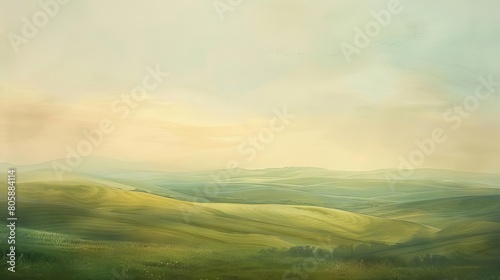 An ethereal landscape of rolling hills under a pastel sky, evoking a sense of peace and serenity © Preyanuch
