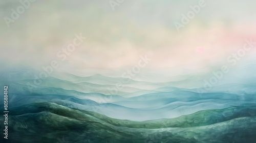 An ethereal landscape of rolling hills under a pastel sky, evoking a sense of peace and serenity