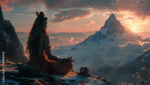 Recreation of Shiva deity hinduist meditating in the Mount Kailash at sunset	 photo