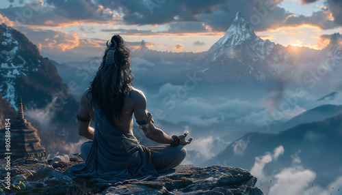 Recreation of Shiva deity hinduist meditating in the Mount Kailash photo