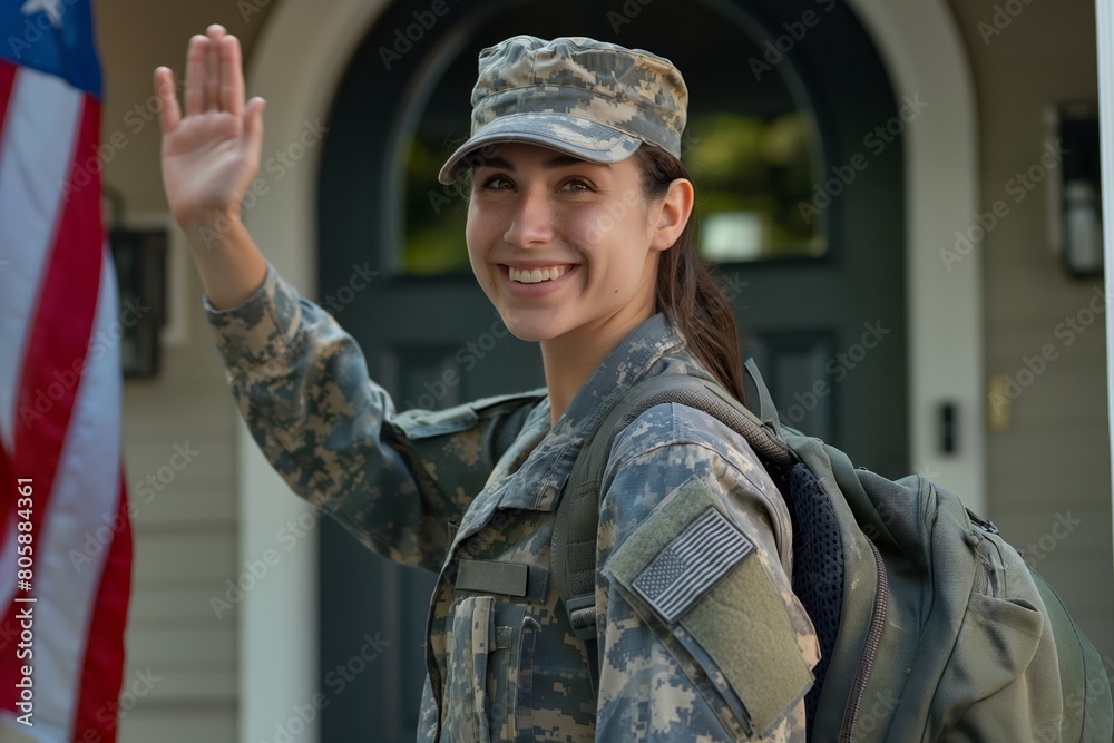 Smiling Female Soldier Waving in Front of American Flag Smiling Female Soldier Waving in Front of American Flag
