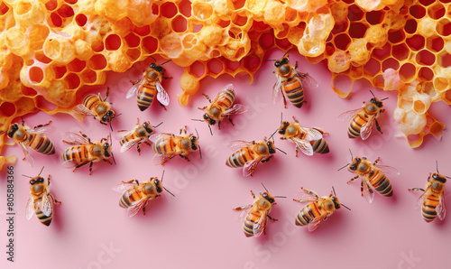 A group of bees are flying around a honeycomb