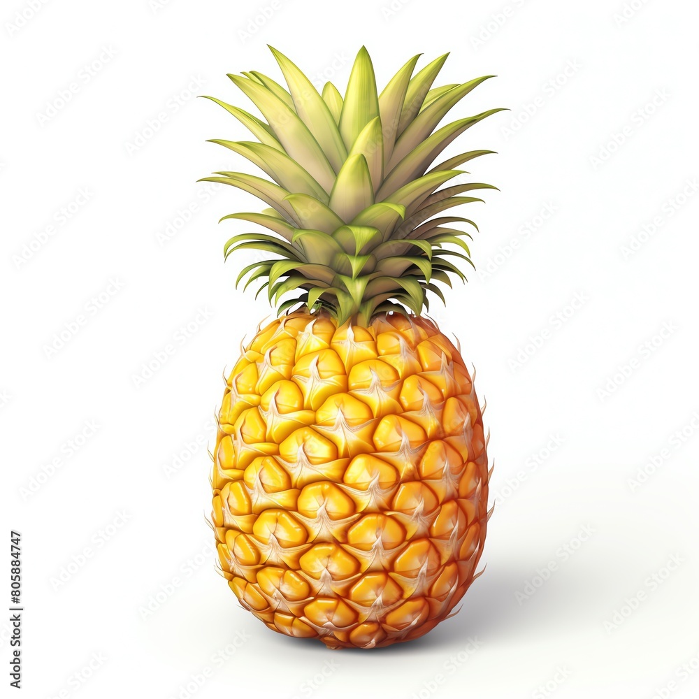 Fototapeta premium Photo of a pineapple on a white background. The pineapple is ripe and juicy, with a bright yellow color. The leaves are green and lush.