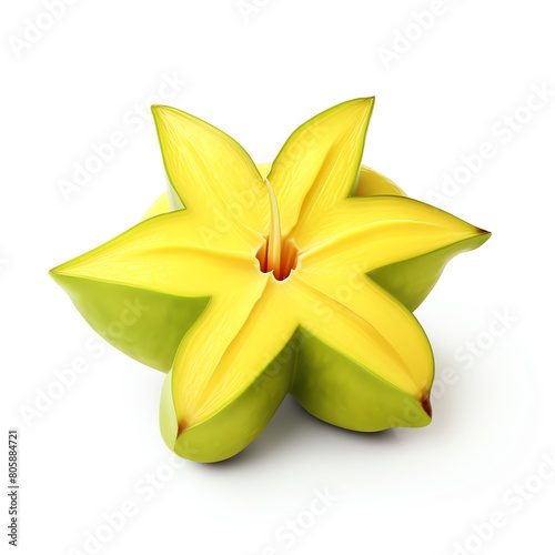 Photo of a starfruit, a tropical fruit that is yellow and green, cut in half to reveal its star-shaped interior.