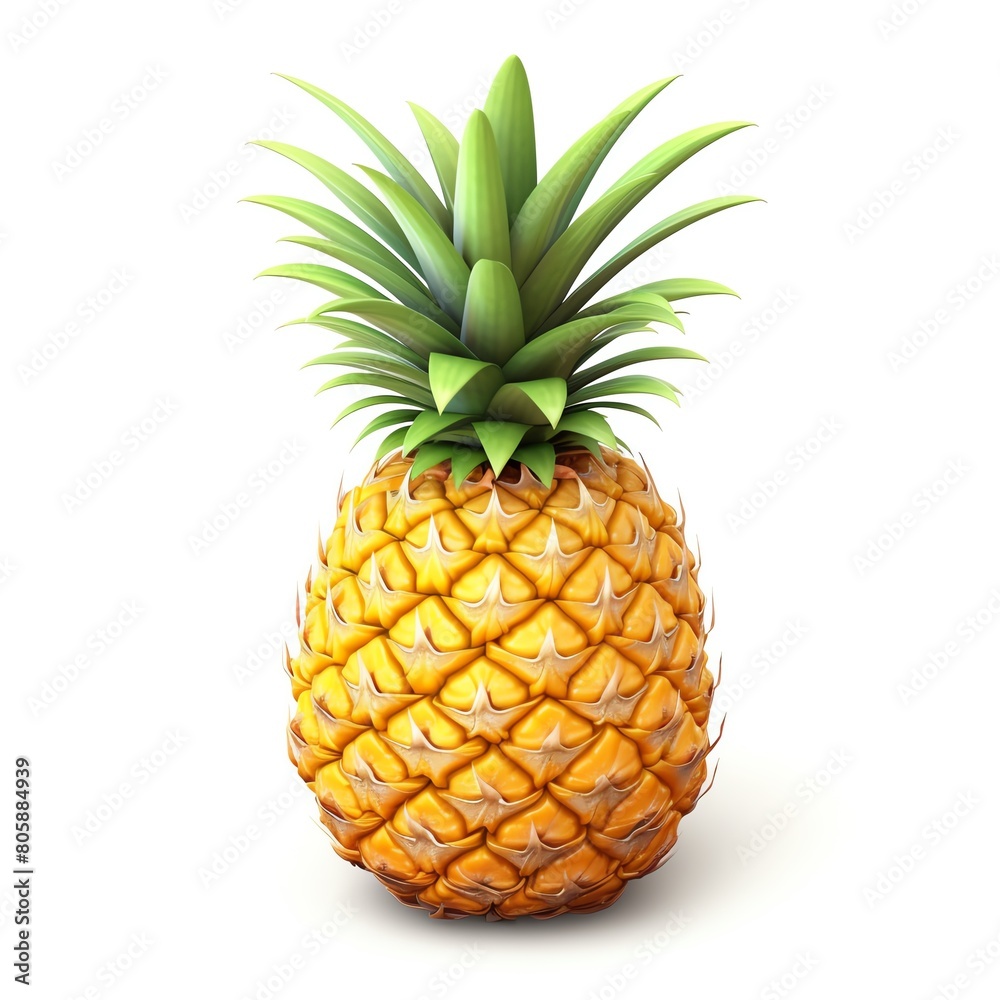 Photo of a pineapple on a white background. The pineapple is ripe and juicy, with a bright yellow exterior and green leaves. Photo of a pineapple on a white background. The pineapple is ripe and juicy, with a bright yellow exterior and green leaves.