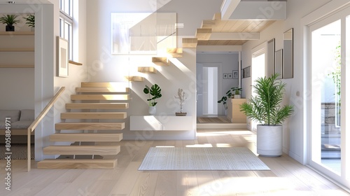Scandinavian-inspired entrance with a floating staircase and blonde wood accents