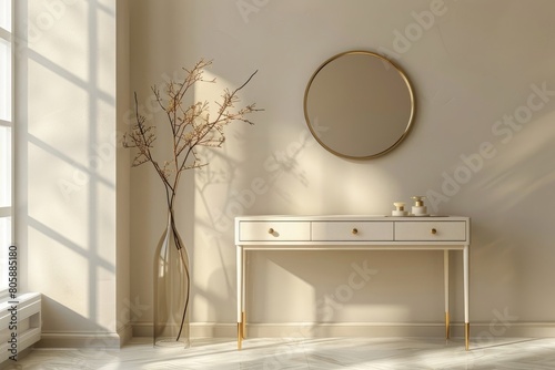 Empty modern, minimal beige dressing table, gold handle drawer storage, twig glass vase, round vanity mirror in cream wall bedroom in sunlight for luxury beauty, cosmetic photo