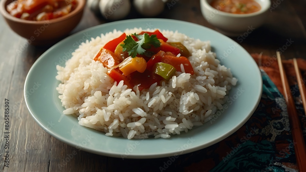 Delicious Fried Rice With Vegetables And Sauce On A Plate. Delicious Fried Rice With Vegetables And Sauce On A Plate.
