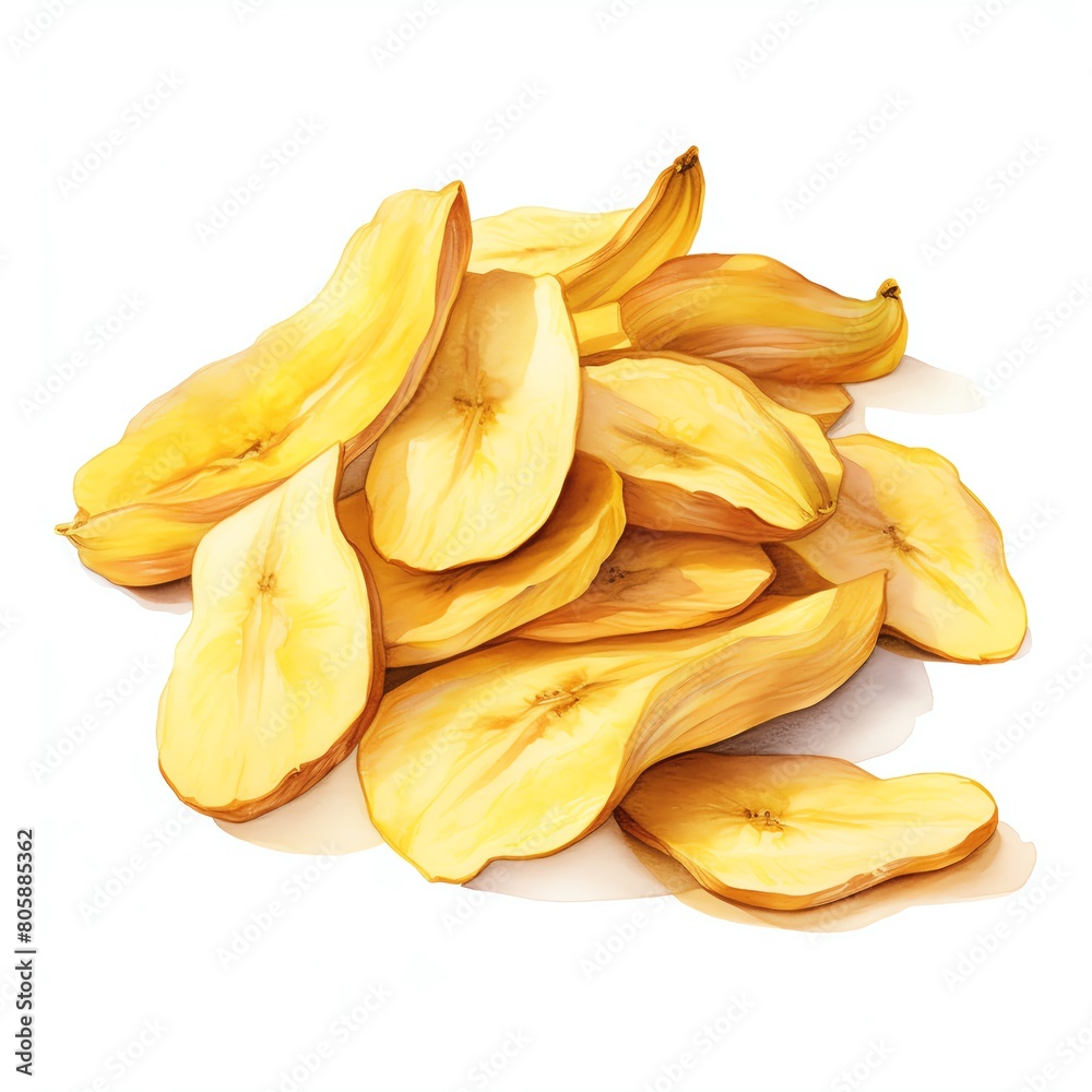 Dried Banana Chips watercolor on white background, suitable for crafting and digital design projects Dried Banana Chips watercolor on white background, suitable for crafting and digital design projects