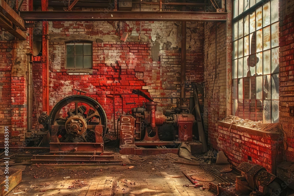 An old factory in shades of rust red, where old machinery stands out against brick walls An old factory in shades of rust red, where old machinery stands out against brick walls