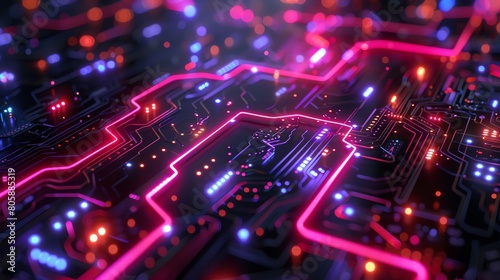 Wallpaper Mural 3D roadmap weaving through neon circuitry, birdseye, glowing nodes, digital innovation theme Torontodigital.ca