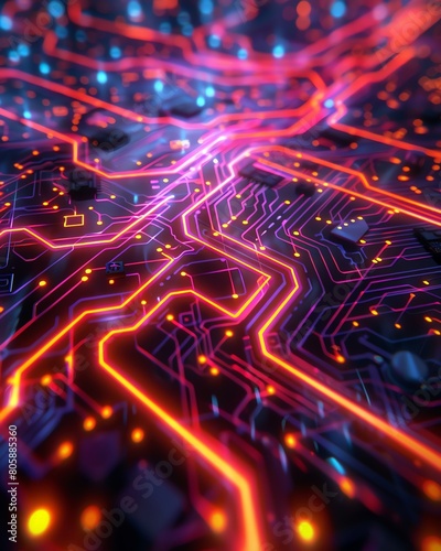 Abstract technology board, macro view, glowing lines in fantastical hues, sharp detail, circuit wonder