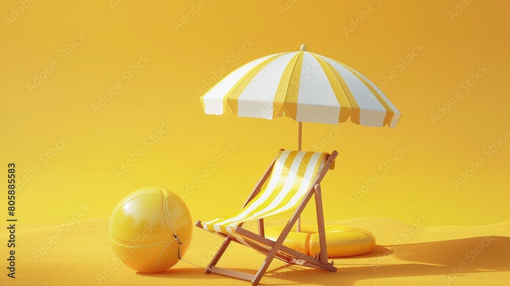 folding chair, beach umbrella, inflatable ball on yellow pedestal. Beach vacation advertising. Concept of recreational, tanning AI generated folding chair, beach umbrella, inflatable ball on yellow pedestal. Beach vacation advertising. Concept of recreational, tanning AI generated