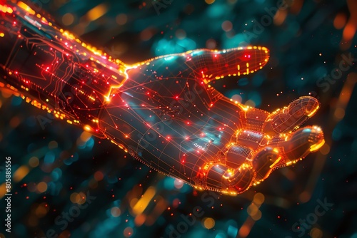 Cyber hand and wireframe, closeup, neon lines intertwine, dynamic, touch of technology