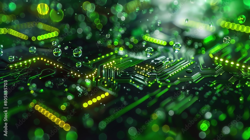 Obraz premium Green energy circuits, closeup, with flowing digital water streams, vibrant, sustainable tech