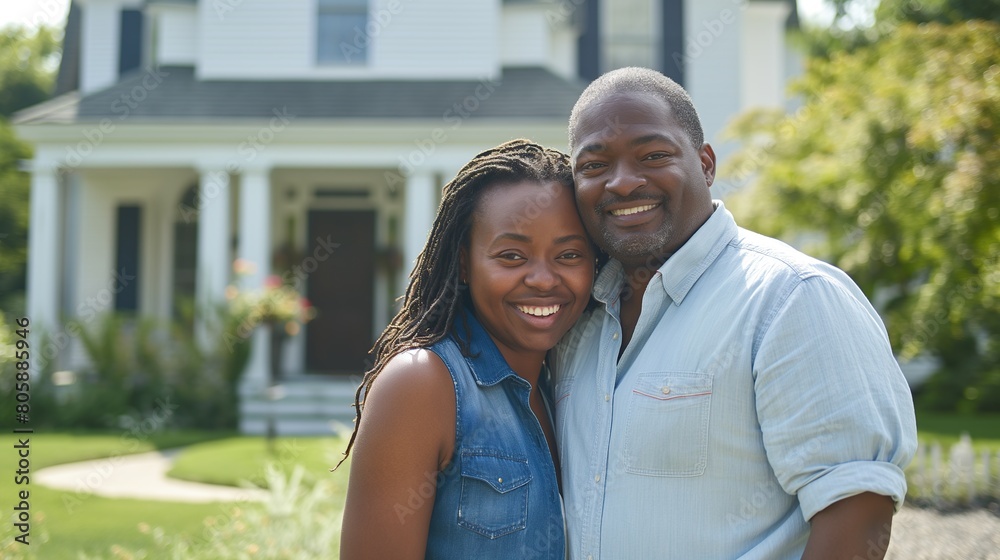 happy couple standing in front of their new house happy couple standing in front of their new house