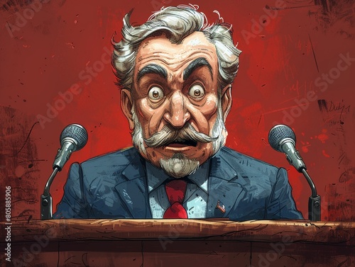 Cartoon politician making a speech, satirical and humorous