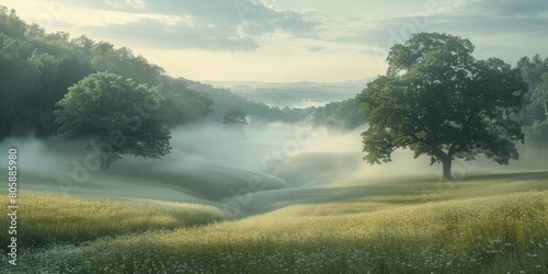 Wisps of fog rolling over a Midsummer morning landscape, a mystical awakening. photo