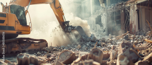 Excavator demolishing a building amidst a cloud of dust and debris. photo