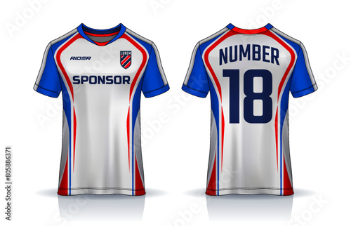 t-shirt sport design template, Soccer jersey mockup for football club. uniform front and back view.	 photo