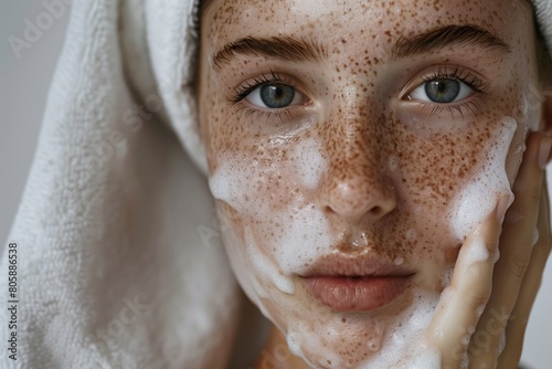 Young Woman with Freckles Applying Facial Cleanser photo