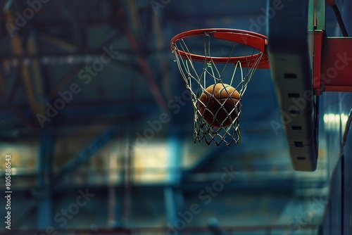 Basketball hoop and ball in the gym. Sport concept background. Copy space