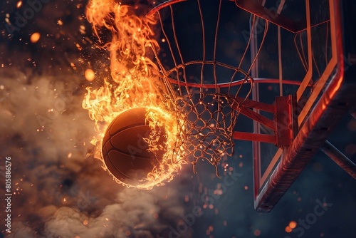 Basketball ball flying through the hoop with flames and smoke on background photo