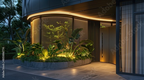 Sleek entrance with a curved LED screen door and a modular planter system © Aeman