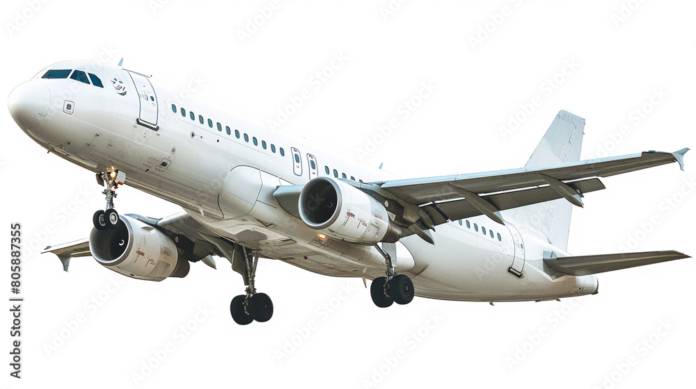 Obraz premium Commercial airplane taking off isolated white background. Modern jet aircraft flight with clear sky