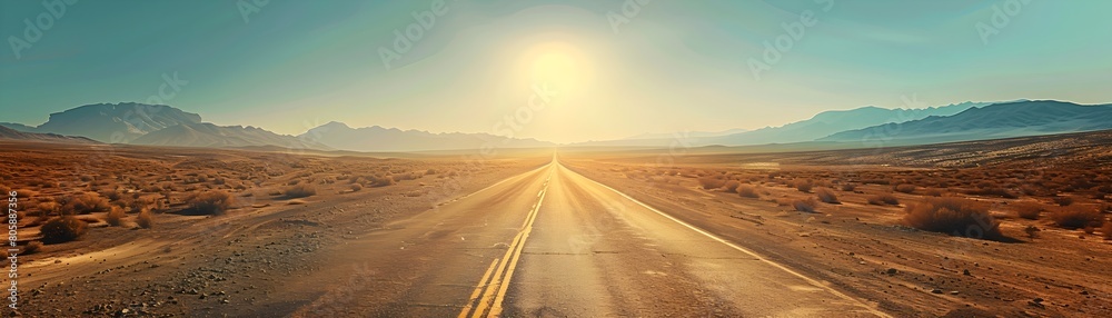 Shimmering Desert Highway Under the Scorching Sun Mirage on Endless Asphalt Road in Vast Arid Landscape Shimmering Desert Highway Under the Scorching Sun Mirage on Endless Asphalt Road in Vast Arid Landscape