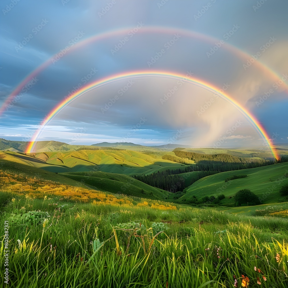 Naklejka premium Majestic Double Rainbow Arches Over Lush Green Valley After Spring Shower