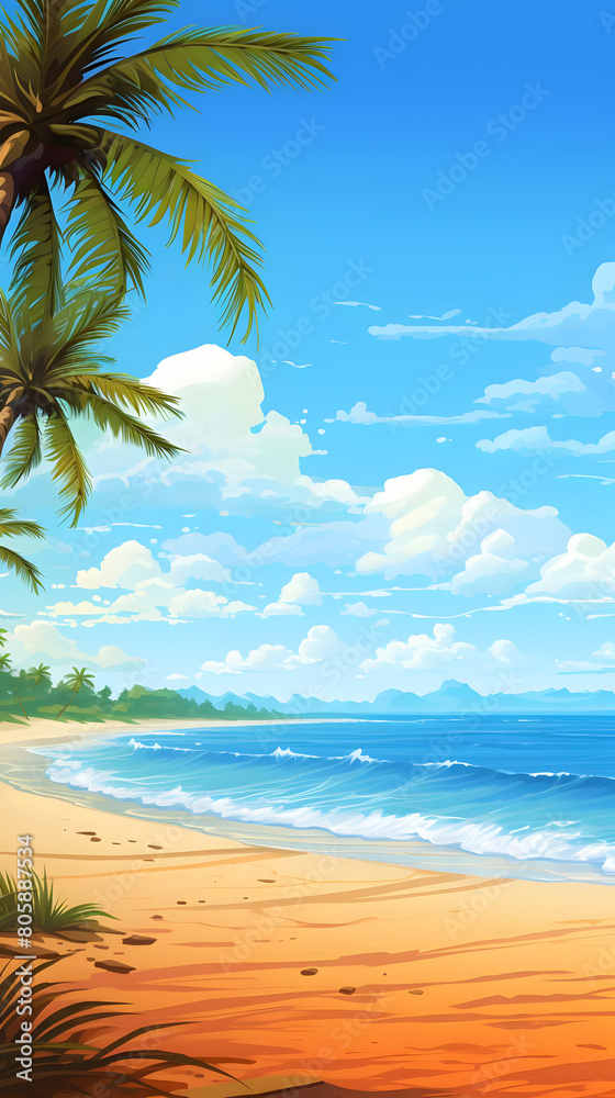 tropical temptation, sandy beach scene under blue skies