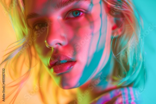 Captivating Portrait of a Young Woman in Vibrant Neon Lights at Night © Olena Rudo
