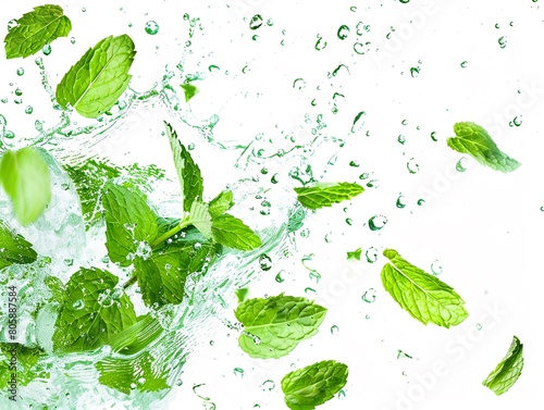Bunch of mint leaves splashing into a mojito