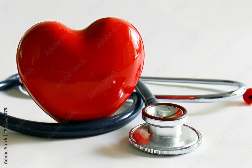 Extreme close-up of a red heart and a stethoscope on a white reflective surface. Extreme close-up of a red heart and a stethoscope on a white reflective surface.