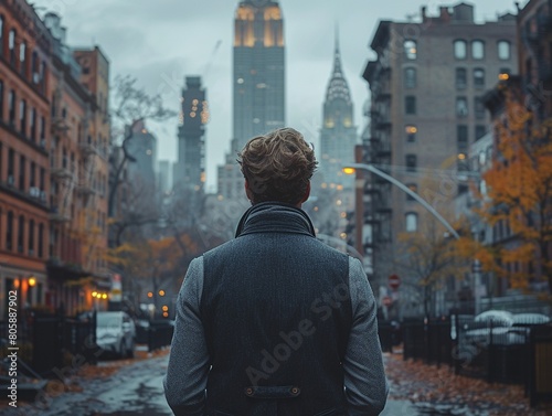 Man with a stylish vest walking through an urban landscape photo