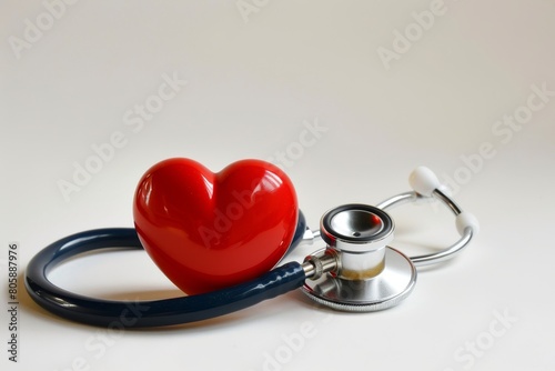 Extreme close-up of a red heart and a stethoscope on a white reflective surface.