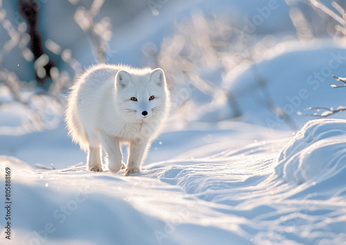 Beautiful Arctic fox in habitat winter landscape.