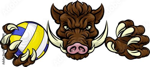 A boar razorback hog volleyball animal sports mascot holding a volley ball in his claw