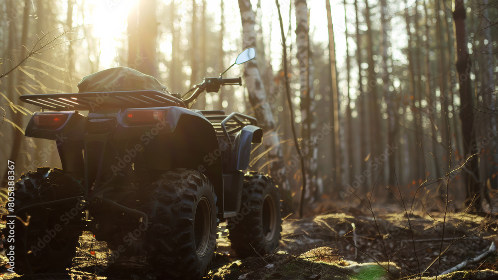 Fototapeta premium Off-road ATV parked in a serene forest during a tranquil sunrise.
